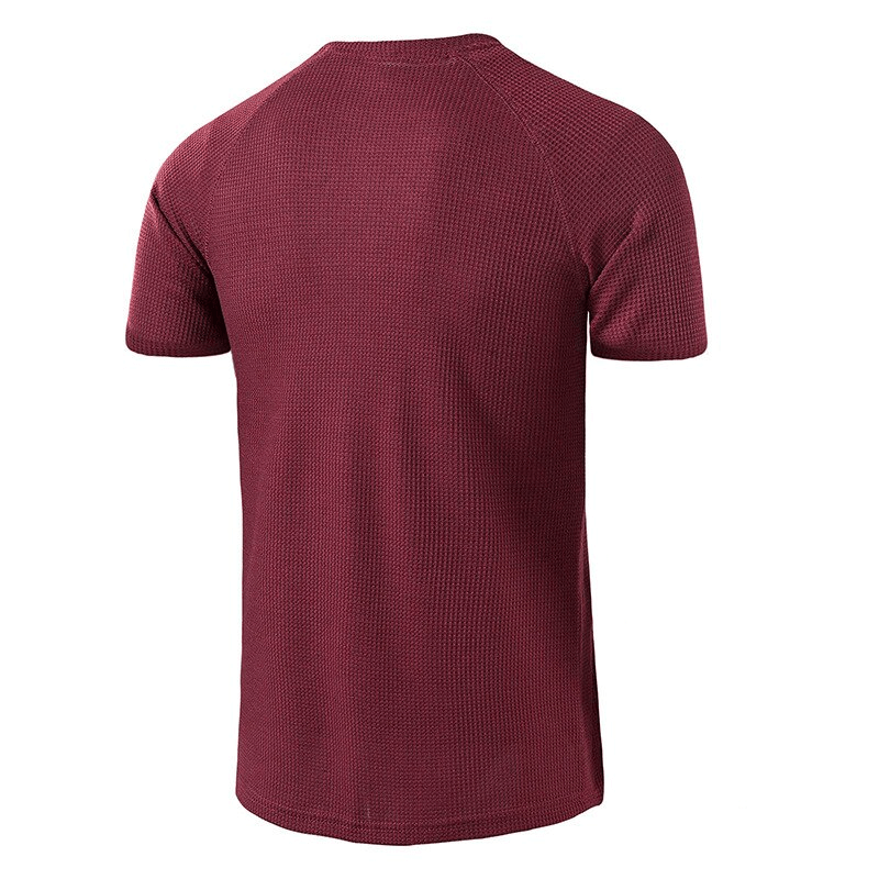 Back view of a maroon short sleeves breathable T-shirt for men, perfect for sports and casual fashion.